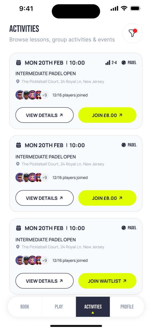 Activities and courses booking app screen
